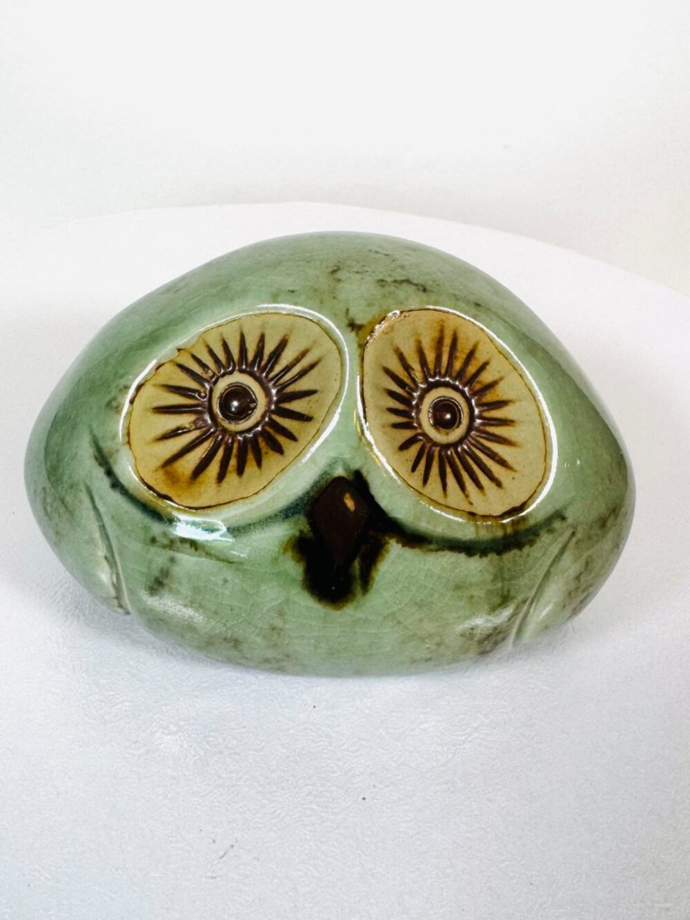 MCM Vtg Glazed Ceramic 3" Owls Green Brown Stoneware